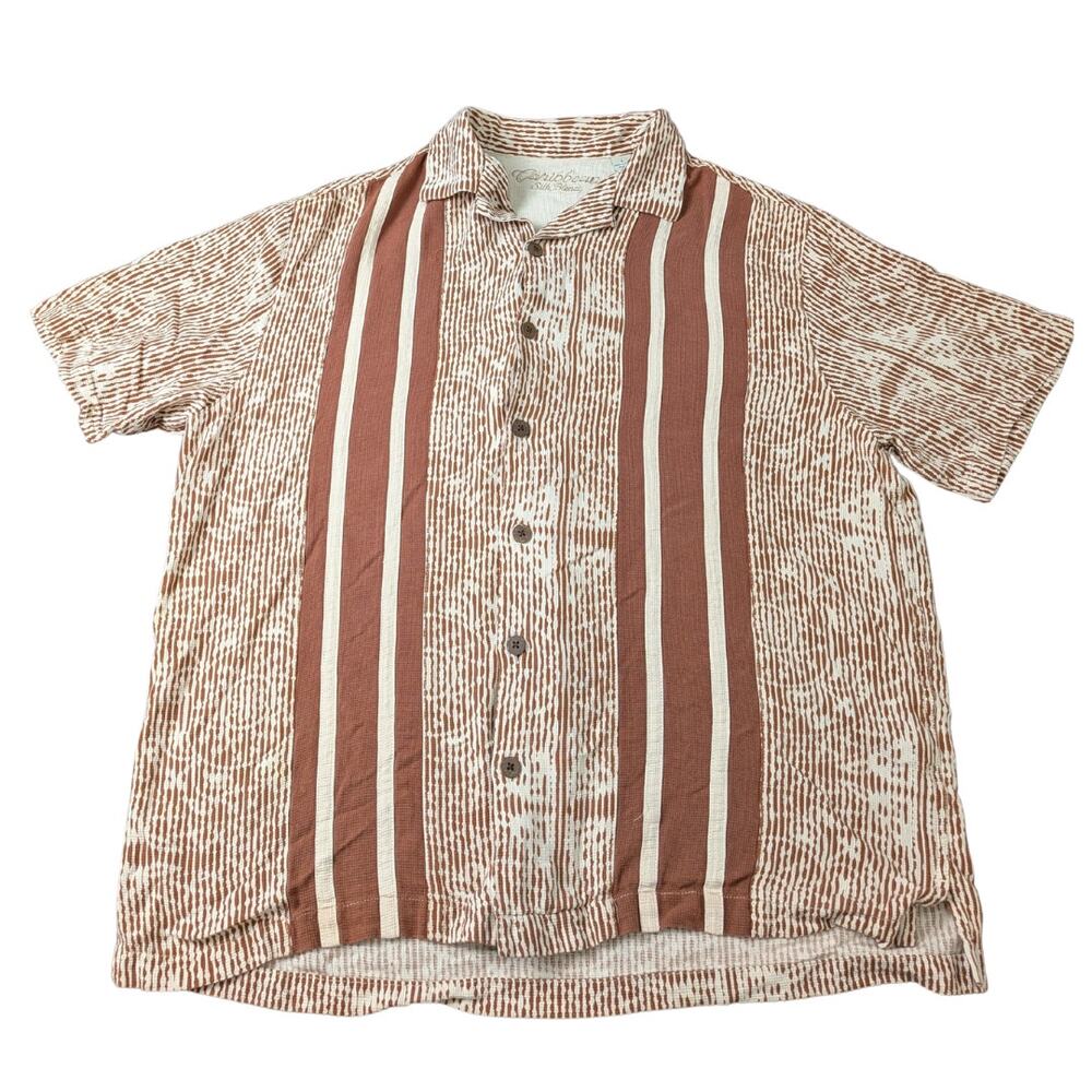 Caribbean Silk Blend Short-Sleeve Stripe Paneled Islander Button-Down | Men's L